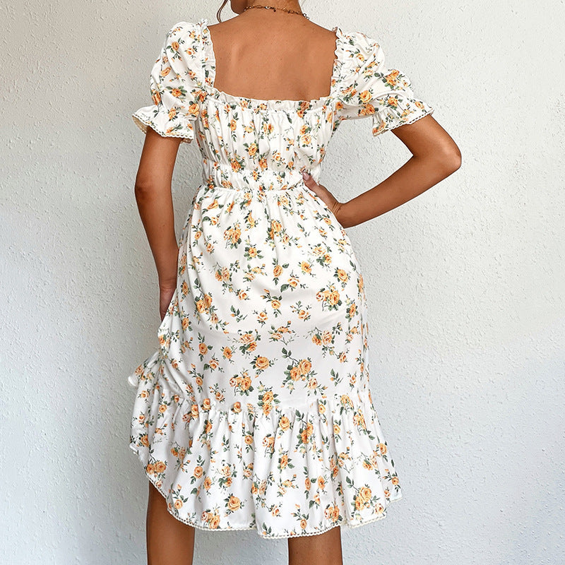 Elegant Square Collar Floral Print Ruffle Dresses