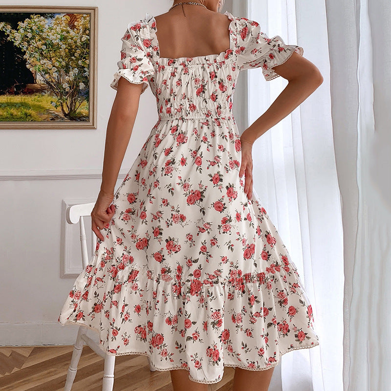 Elegant Square Collar Floral Print Ruffle Dresses