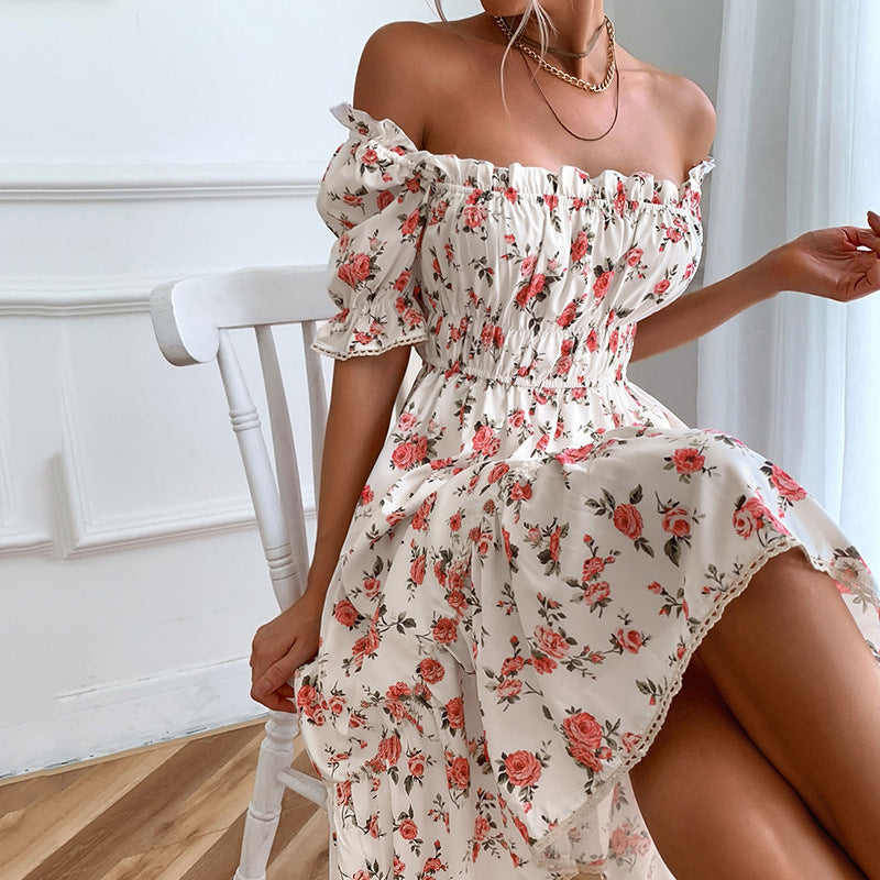 Elegant Square Collar Floral Print Ruffle Dresses