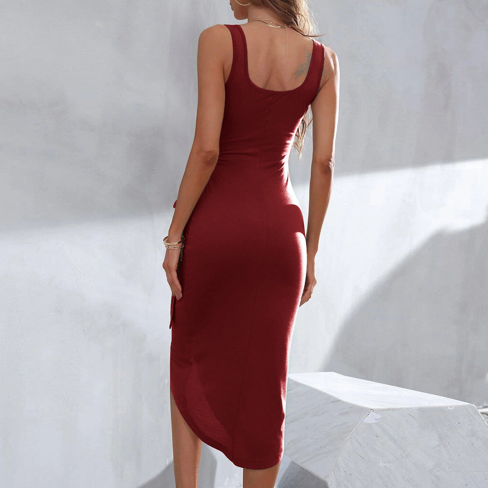 Irregular Hem Tie Strap Slip Dress Midi Length.